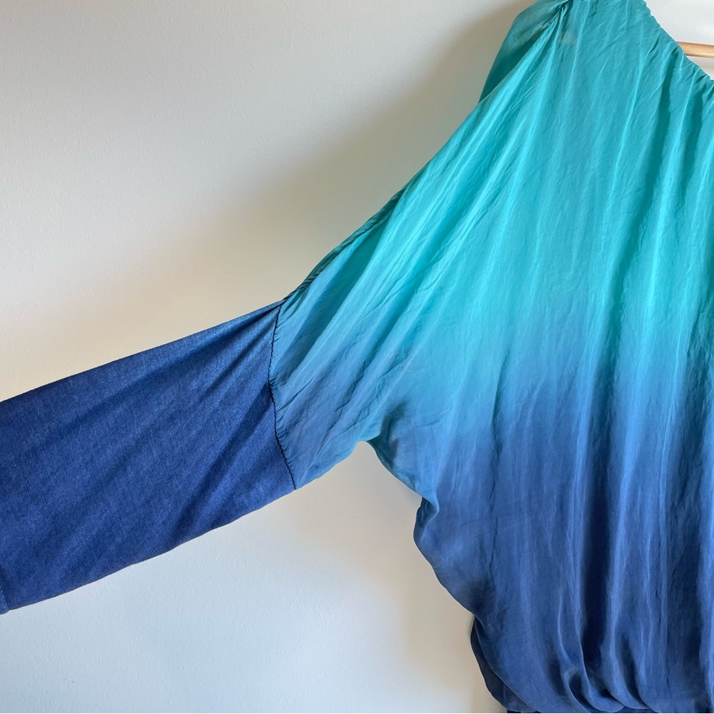Womens Turquoise Navy Silk Blouse Top - Picture 8 of 16